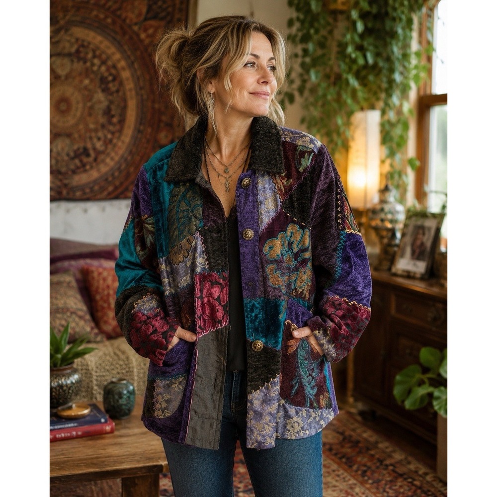 Art to Wear Patchwork Tapestry Velvet Jacket Boho‎ Lagenlook Large
